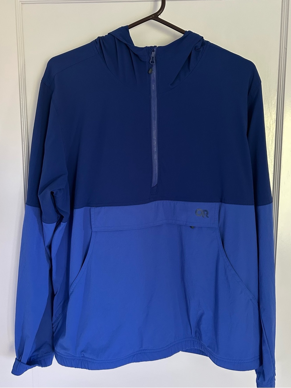 Outdoor Research Royal and Cobalt Blue Half-Zip wind jacket with hood